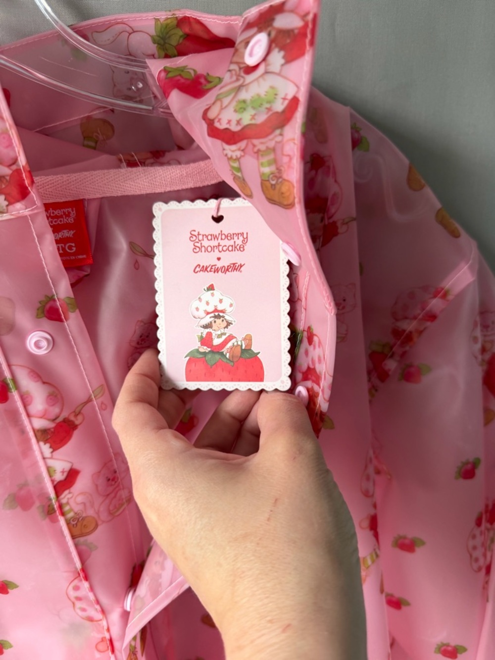 Pink Strawberry Short Cake Print Transparent Hooded Raincoat (i184) - Picture 8 of 13